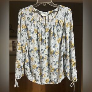 Lucky Brand Blouse Top Size L Blue Bohemian Floral Sunflower Peasant Lightweight